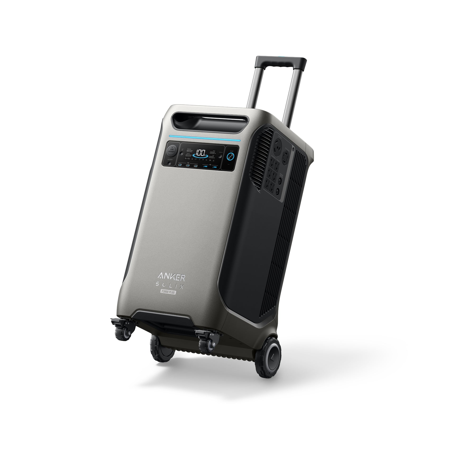 The Anker portable solar generator features wheels, a telescopic handle, a digital display, control buttons on the front panel, and solar input for efficient charging, all presented on a white background.