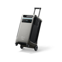 The Anker portable solar generator features wheels, a telescopic handle, a digital display, control buttons on the front panel, and solar input for efficient charging, all presented on a white background.