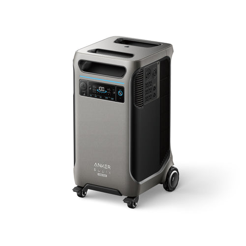 The Anker SOLIX is a portable power station in gray with black accents, top handles, wheels for transport, a digital display, control buttons, multiple side outlets, and supports solar input for reliable backup power.