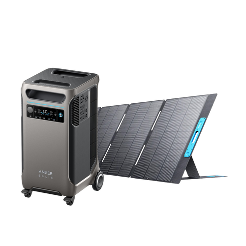 An Anker Solix F3800 portable power station with wheels and a digital display stands next to a foldable solar panel, both offering expandable capacity and efficient charging through high solar input.