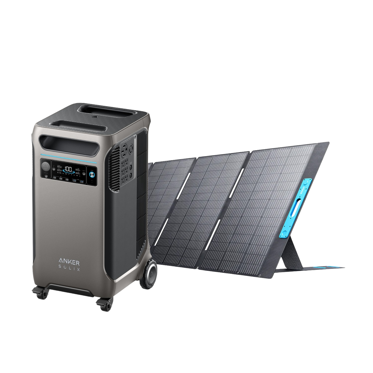An Anker Solix F3800 portable power station with wheels and a digital display stands next to a foldable solar panel, both offering expandable capacity and efficient charging through high solar input.