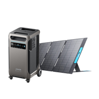 An Anker Solix F3800 portable power station with wheels and a digital display stands next to a foldable solar panel, both offering expandable capacity and efficient charging through high solar input.