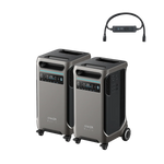 Two Anker SOLIX F3800 portable power stations with wheels and handles are displayed side by side. Above them is a black accessory with a display and two connectors. Each unit features reliable LiFePO4 battery technology, ensuring dependable power wherever you go.