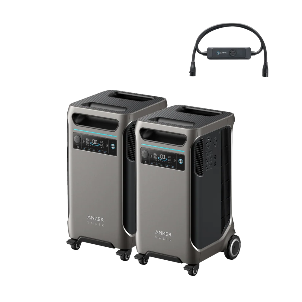 Two Anker SOLIX F3800 portable power stations with wheels and handles are displayed side by side. Above them is a black accessory with a display and two connectors. Each unit features reliable LiFePO4 battery technology, ensuring dependable power wherever you go.