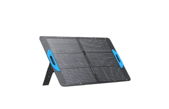 An Anker portable 625 solar panel with two blue handles stands upright on its support leg, displaying high conversion efficiency against a white background.