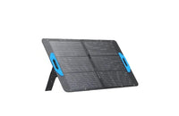 An Anker portable 625 solar panel with two blue handles stands upright on its support leg, displaying high conversion efficiency against a white background.