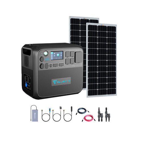 A Bluetti portable AC200Max power station with a digital display, two large solar panels, multiple connecting cables, and expansion battery ports is shown all together on a white background.