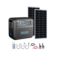 A Bluetti portable AC200Max power station with a digital display, two large solar panels, multiple connecting cables, and expansion battery ports is shown all together on a white background.