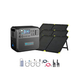 A Bluetti AC200Max portable power station with digital display stands beside a foldable solar panel, displaying Bluettis innovative solar energy solution with organized cables, adapters, and accessories below.