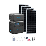 A portable Bluetti power set featuring two stacked AC200Max units, four solar panels, and various cables and adapters, all displayed on a white background.