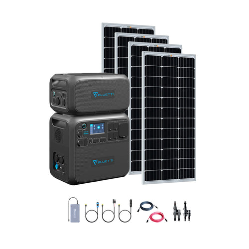 A portable Bluetti power set featuring two stacked AC200Max units, four solar panels, and various cables and adapters, all displayed on a white background.