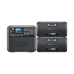 A Bluetti AC200MAX modular power station with a digital display appears next to two horizontally stacked B300 battery modules, showcasing charging flexibility. All units are black with blue accents and Bluetti branding on the front panels.