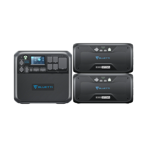 A Bluetti AC200MAX modular power station with a digital display appears next to two horizontally stacked B300 battery modules, showcasing charging flexibility. All units are black with blue accents and Bluetti branding on the front panels.