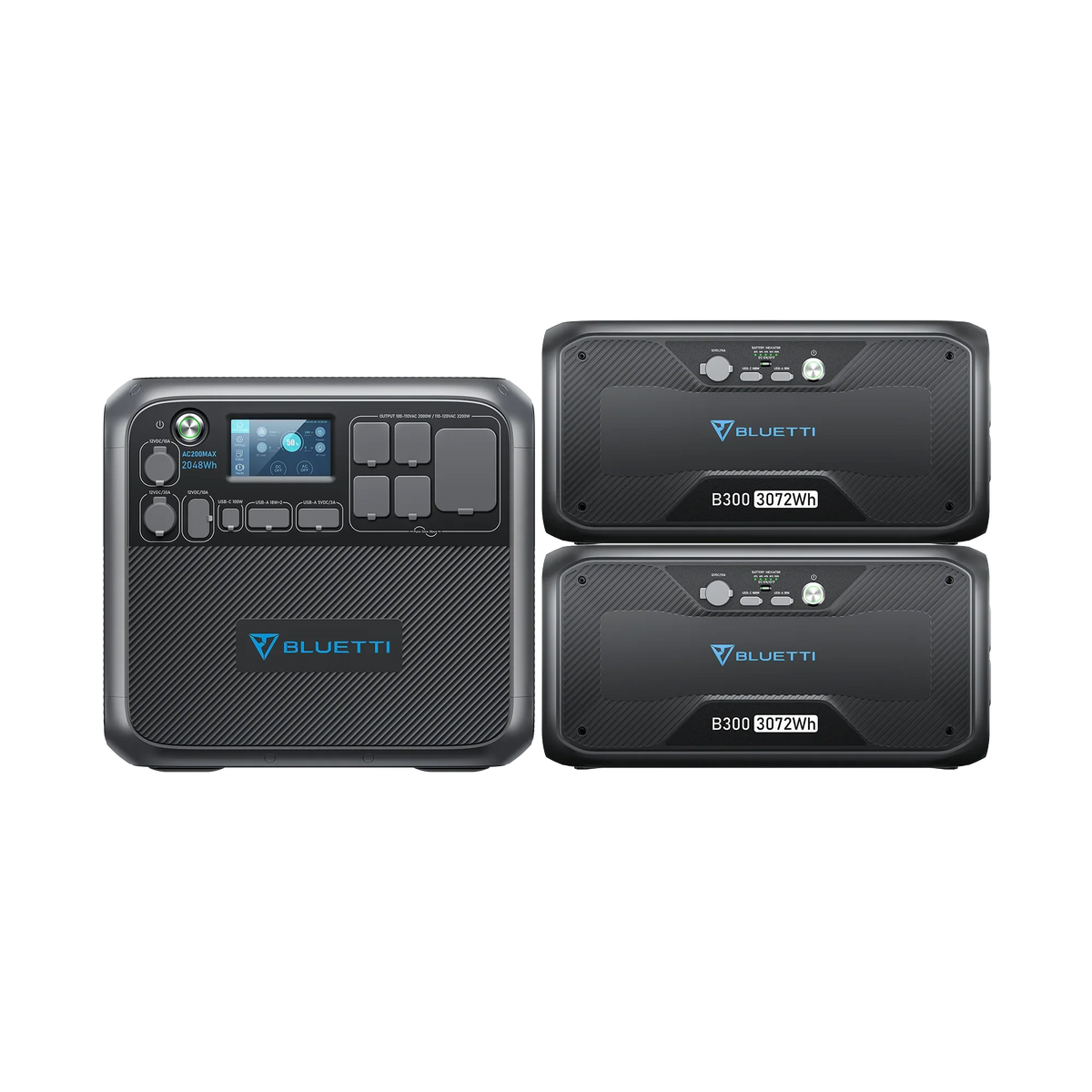 A Bluetti AC200MAX modular power station with a digital display appears next to two horizontally stacked B300 battery modules, showcasing charging flexibility. All units are black with blue accents and Bluetti branding on the front panels.