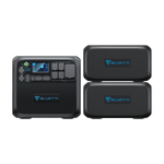 The Bluetti AC200MAX portable modular power station, featuring a digital display and control buttons, is displayed beside two matching Bluetti battery modules, all black with blue Bluetti logos, emphasizing their versatile charging capabilities.