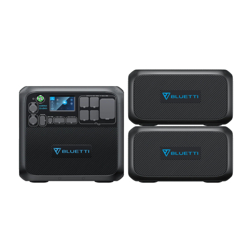 The Bluetti AC200MAX portable modular power station, featuring a digital display and control buttons, is displayed beside two matching Bluetti battery modules, all black with blue Bluetti logos, emphasizing their versatile charging capabilities.