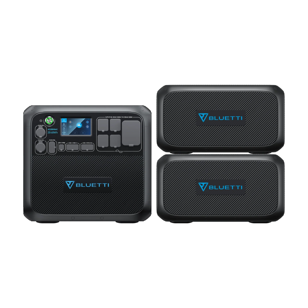 The Bluetti AC200MAX portable modular power station, featuring a digital display and control buttons, is displayed beside two matching Bluetti battery modules, all black with blue Bluetti logos, emphasizing their versatile charging capabilities.