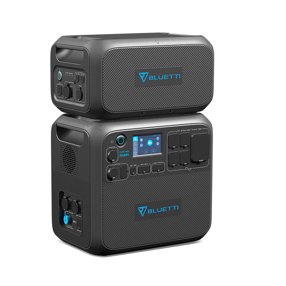 Two black Bluetti power stations are stacked, each with multiple ports, control buttons, and blue-accented digital displays featuring Bluetti branding for versatile charging.