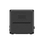 Front view of a Bluetti black, box-shaped uninterruptible power supply with a textured surface, rectangular label area at the top center, and horizontal vent below it, set against a white background.