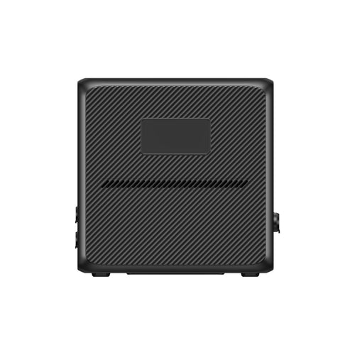 Front view of a Bluetti black, box-shaped uninterruptible power supply with a textured surface, rectangular label area at the top center, and horizontal vent below it, set against a white background.