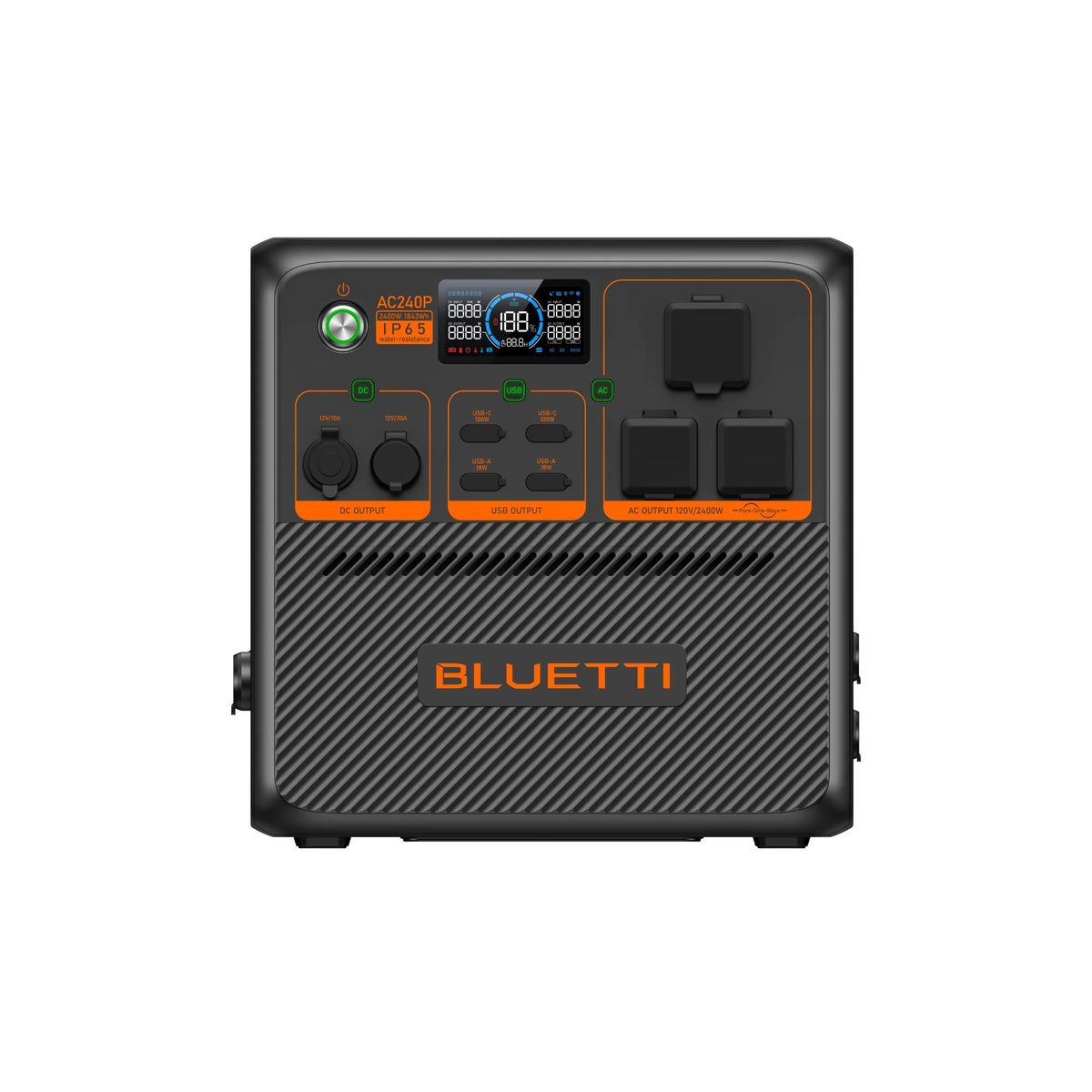 Front view of a Bluetti portable power station with control buttons, ports, outlets, a display screen, and the Bluetti logo below. The device features a black and orange design and supports solar charging for flexible power options.