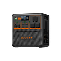 Bluetti portable power station in black with orange accents, featuring solar input, multiple outlets, USB ports, control knobs, and a digital display on the front panel, set against a white background.