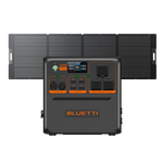 A portable Bluetti power station with a digital display, various outlets, and control buttons is set in front of unfolded solar panels, offering efficient solar input for convenient charging on the go.