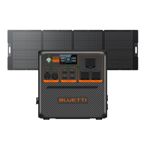 A portable Bluetti power station with a digital display, various outlets, and control buttons is set in front of unfolded solar panels, offering efficient solar input for convenient charging on the go.