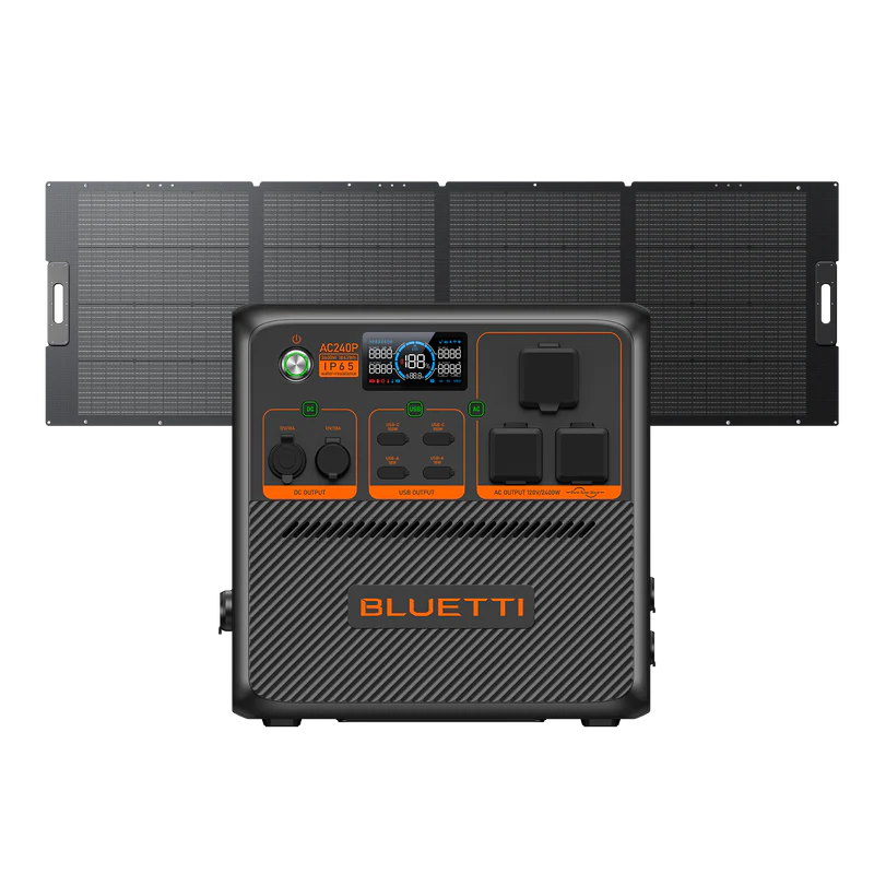 A portable Bluetti power station with a digital display, various outlets, and control buttons is set in front of unfolded solar panels, offering efficient solar input for convenient charging on the go.