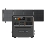 The Bluetti portable power station, featuring a digital display and controls, is shown with four connected solar panels for efficient solar input and charging on the go.