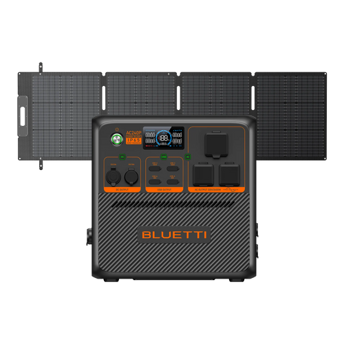 The Bluetti portable power station, featuring a digital display and controls, is shown with four connected solar panels for efficient solar input and charging on the go.