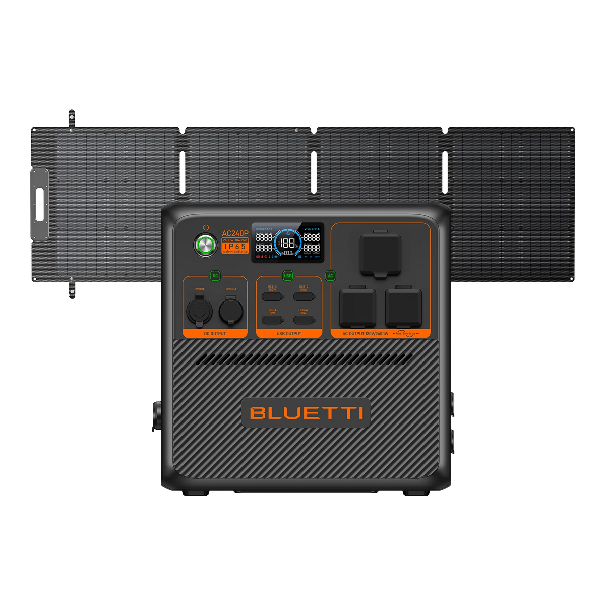 The Bluetti portable power station, featuring a digital display and controls, is shown with four connected solar panels for efficient solar input and charging on the go.