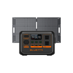 A Bluetti portable power station with a durable LiFePO4 battery, digital display, multiple ports and outlets is shown in front of two foldable solar panels, featuring an orange and black design.