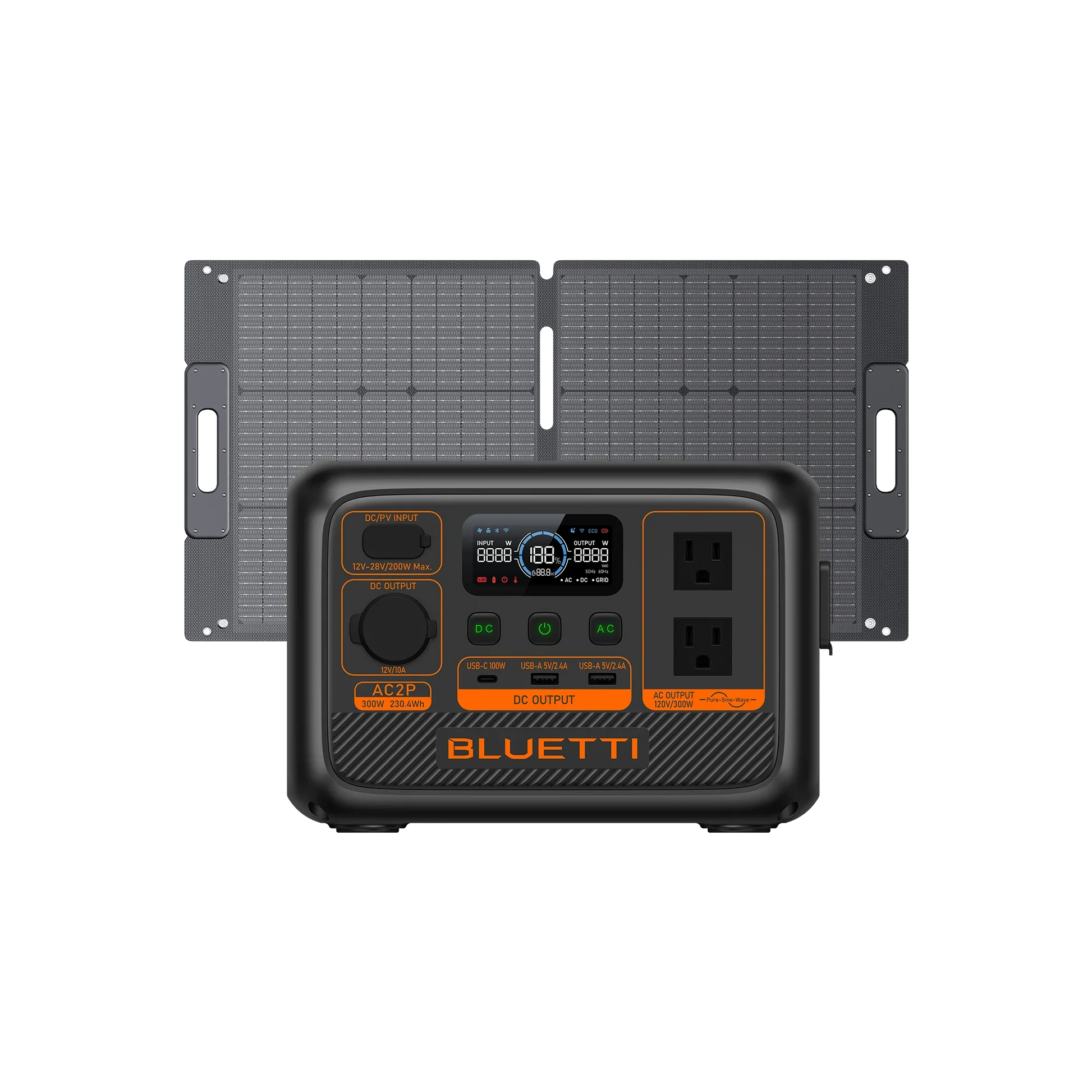A Bluetti portable power station with a durable LiFePO4 battery, digital display, multiple ports and outlets is shown in front of two foldable solar panels, featuring an orange and black design.