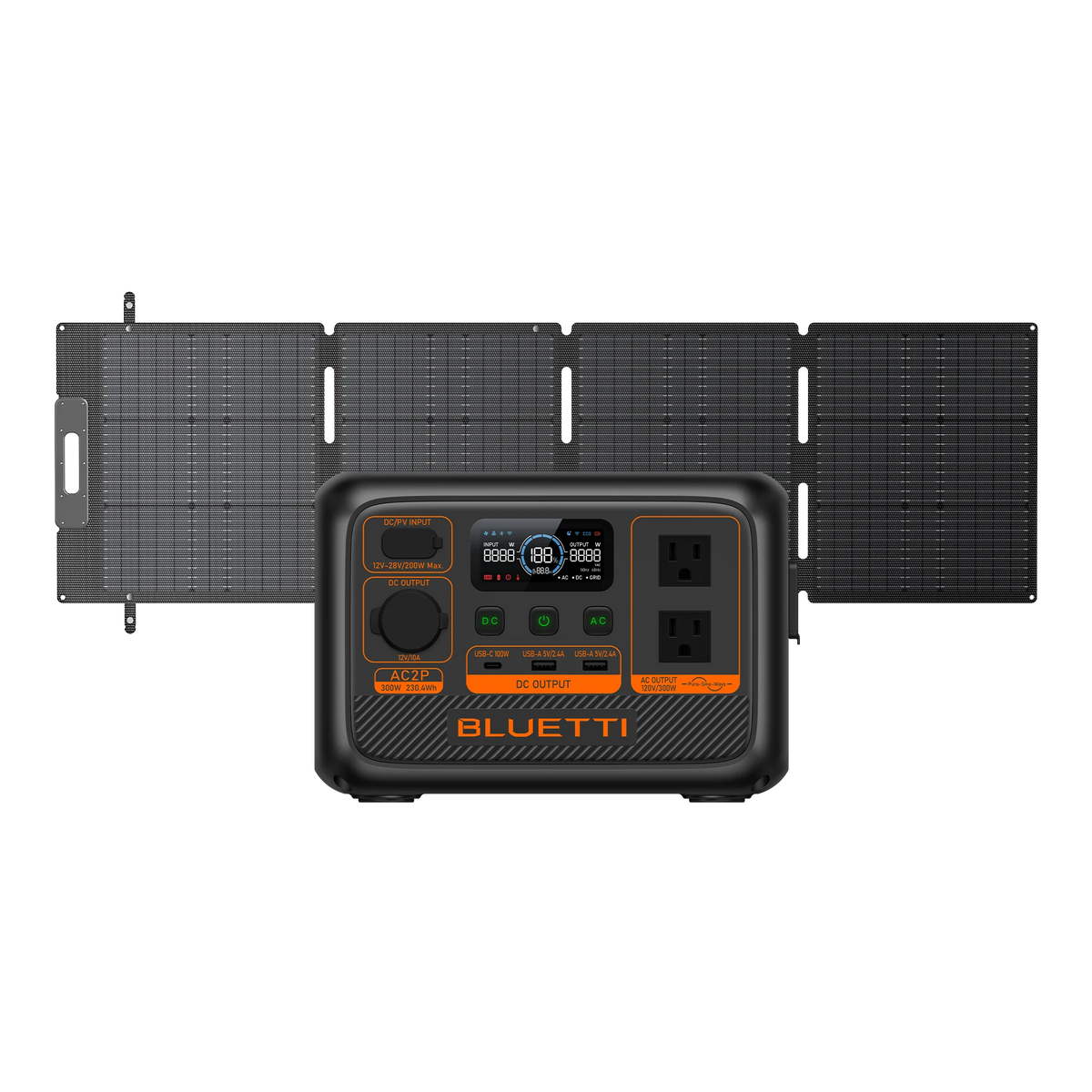 A Bluetti portable power station with a LiFePO4 battery, control panel, and outlets stands before four foldable solar panels connected together.