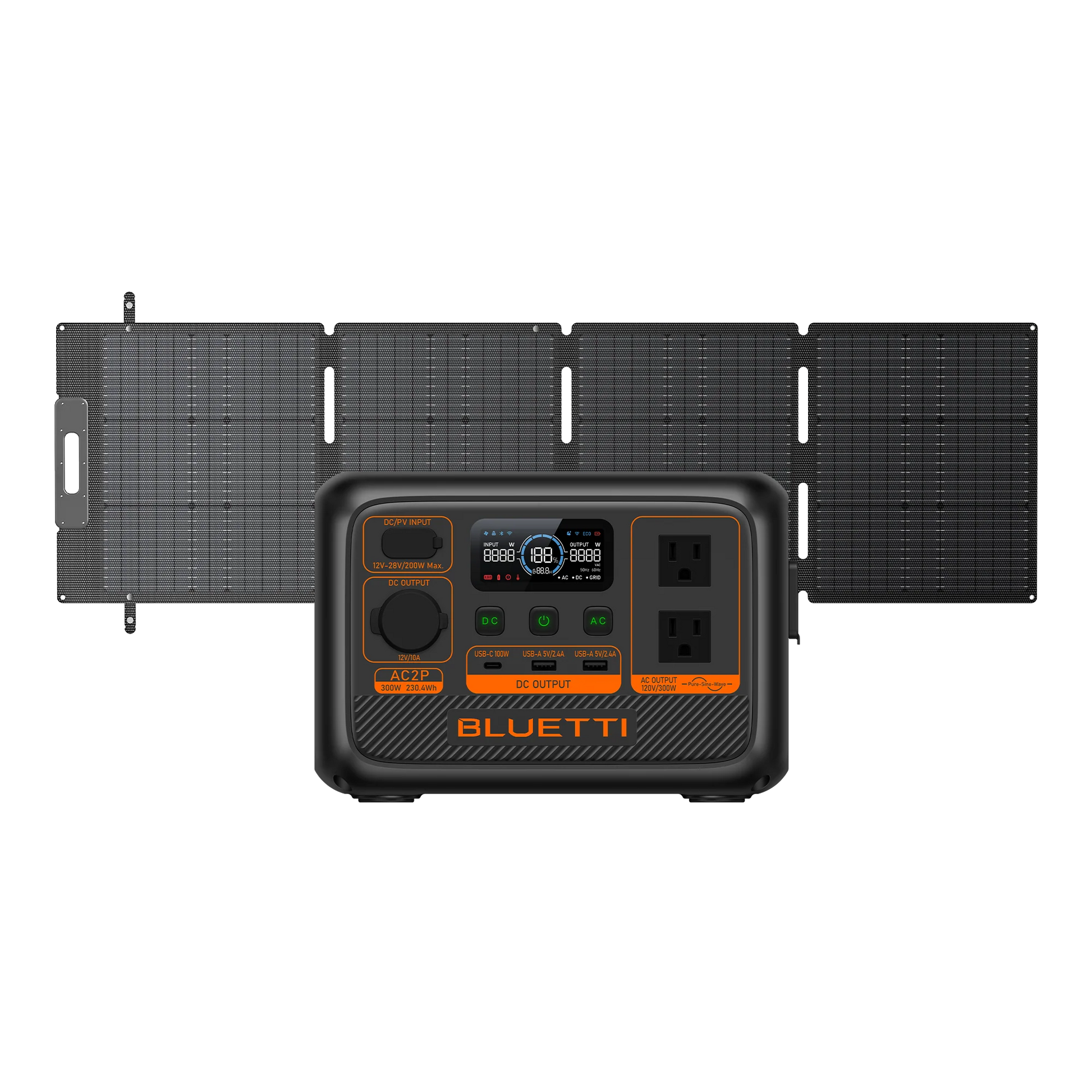 A Bluetti portable power station with a LiFePO4 battery, control panel, and outlets stands before four foldable solar panels connected together.