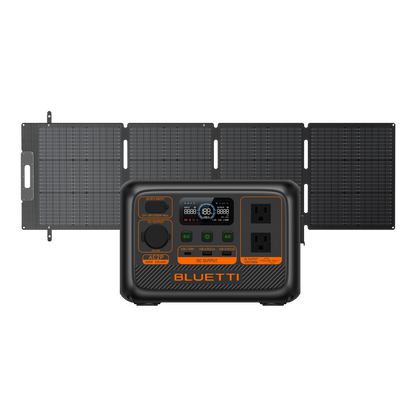 A Bluetti portable power station with a LiFePO4 battery, control panel, and outlets stands before four foldable solar panels connected together.