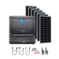 A Bluetti AC300 portable power station with display, connected to a B300K battery module, six solar panels for charging, plus cables and adapters arranged below as part of the modular Bluetti system.