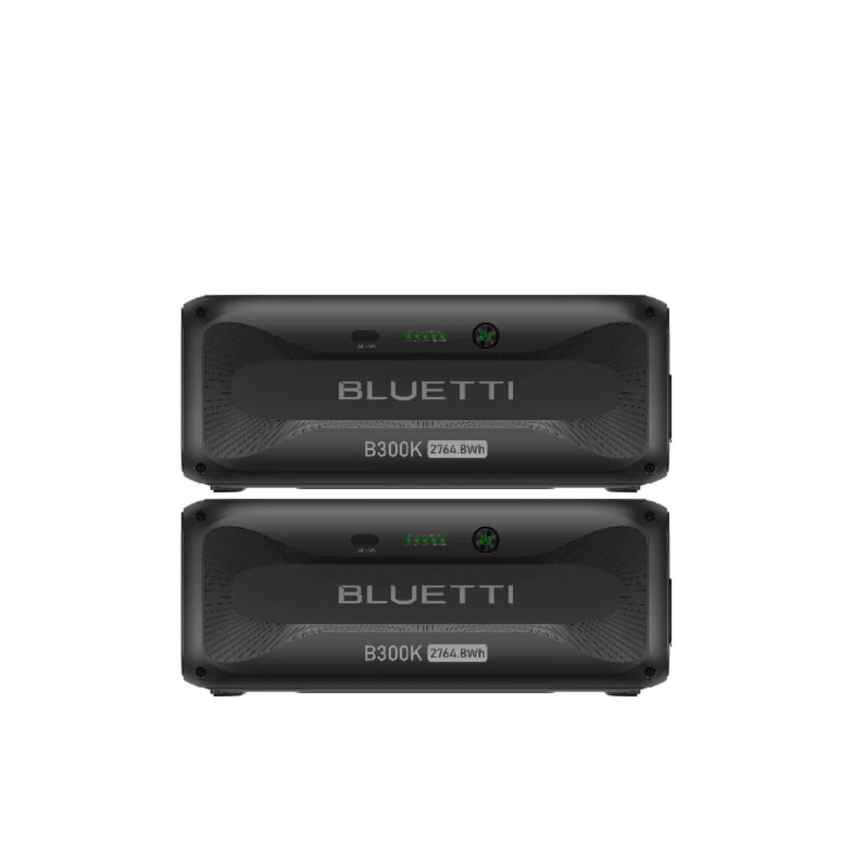 Two stacked Bluetti B300K battery modules in black, each labeled “B300K 2764.8Wh,” have power indicators and vented fronts—perfect for modular, seamless integration into your solar energy setup.