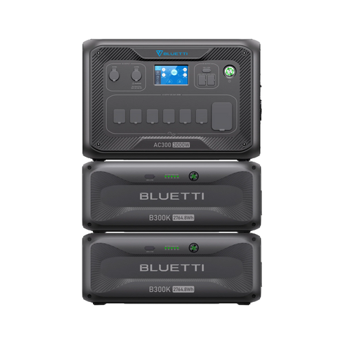 A Bluetti AC300 power station with UPS Protection sits atop two Bluetti B300 LiFePO₄ Battery modules. The black units display front control panels, ports, and prominent Bluetti branding.