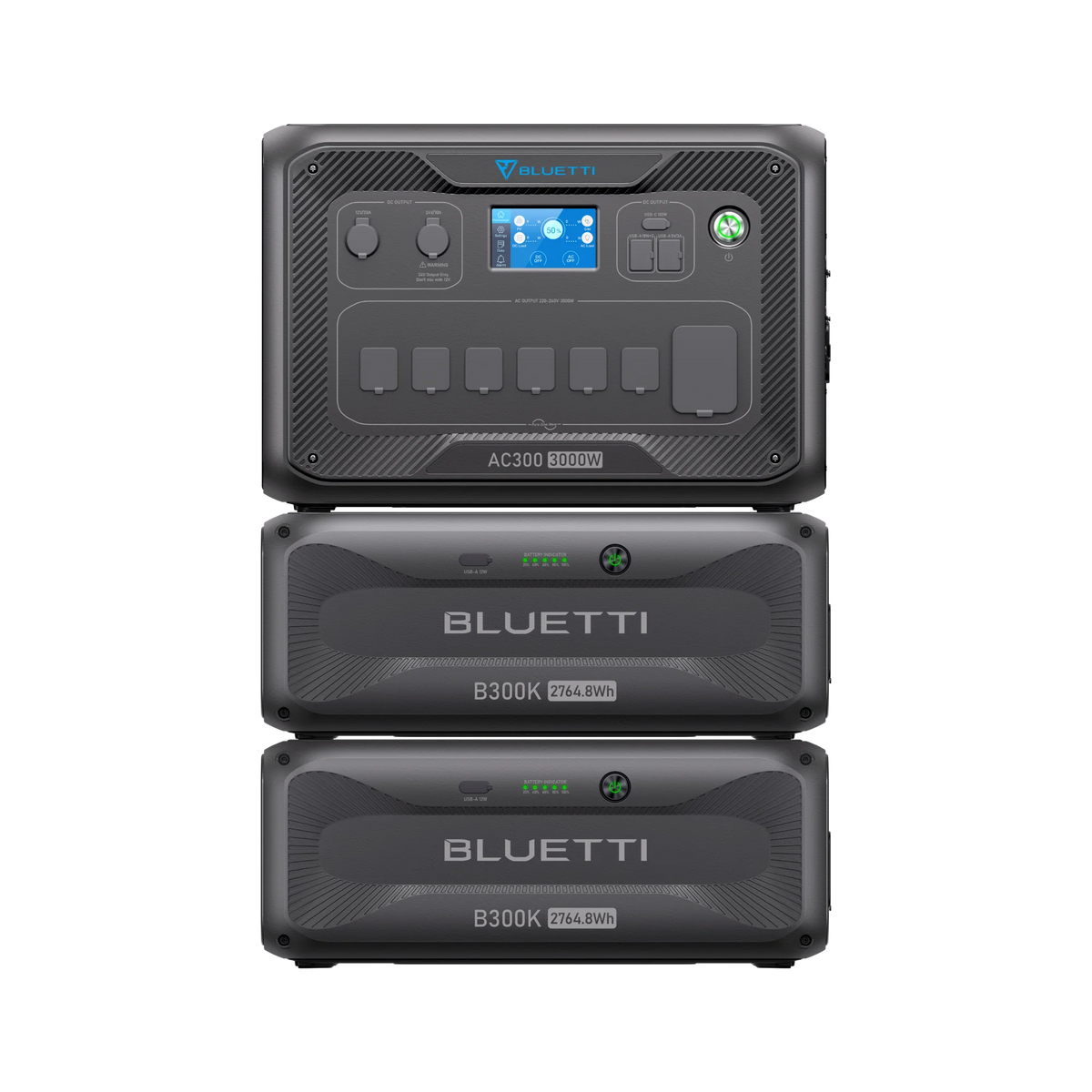 A Bluetti AC300 power station with UPS Protection sits atop two Bluetti B300 LiFePO₄ Battery modules. The black units display front control panels, ports, and prominent Bluetti branding.