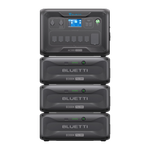 A stack of Bluetti power stations features a control unit with a digital display on top and four large LiFePO₄ battery modules labeled B300K 3.072kWh below.