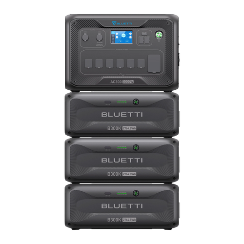 A stack of Bluetti power stations features a control unit with a digital display on top and four large LiFePO₄ battery modules labeled B300K 3.072kWh below.