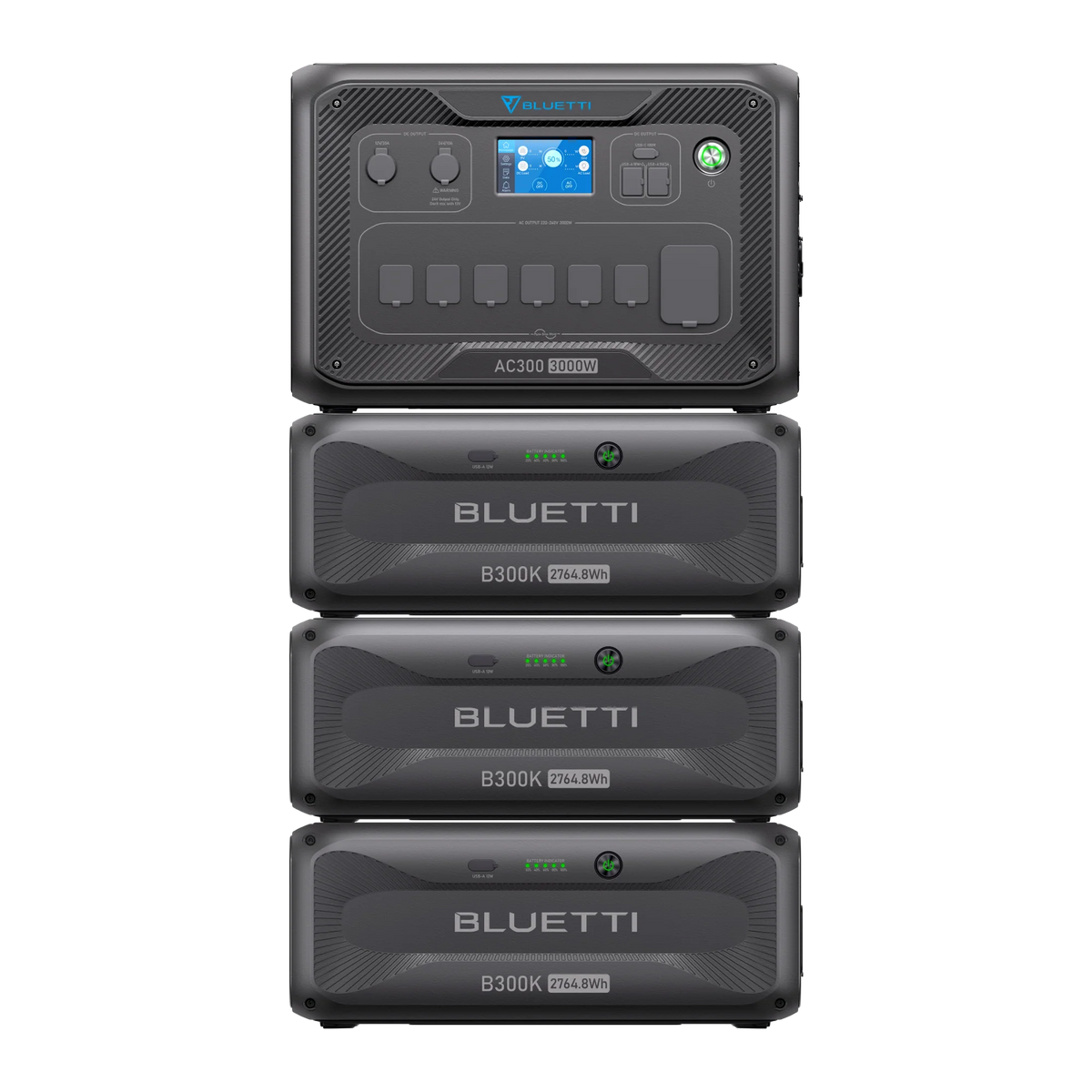 A stack of Bluetti power stations features a control unit with a digital display on top and four large LiFePO₄ battery modules labeled B300K 3.072kWh below.