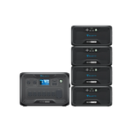 A Bluetti portable power station with digital display stands next to four connected Bluetti battery expansion packs, all showing the brand logo, featuring a 3000W Pure Sine Wave Inverter for reliable power delivery.