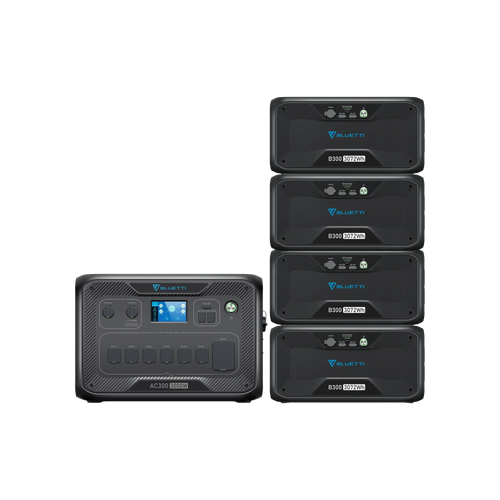 A Bluetti portable power station with digital display stands next to four connected Bluetti battery expansion packs, all showing the brand logo, featuring a 3000W Pure Sine Wave Inverter for reliable power delivery.