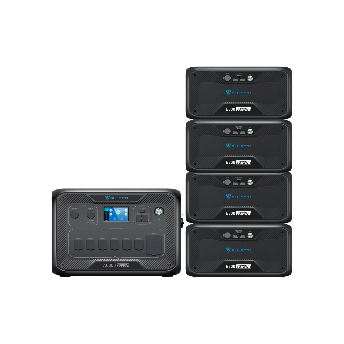 A Bluetti portable power station with digital display stands next to four connected Bluetti battery expansion packs, all showing the brand logo, featuring a 3000W Pure Sine Wave Inverter for reliable power delivery.