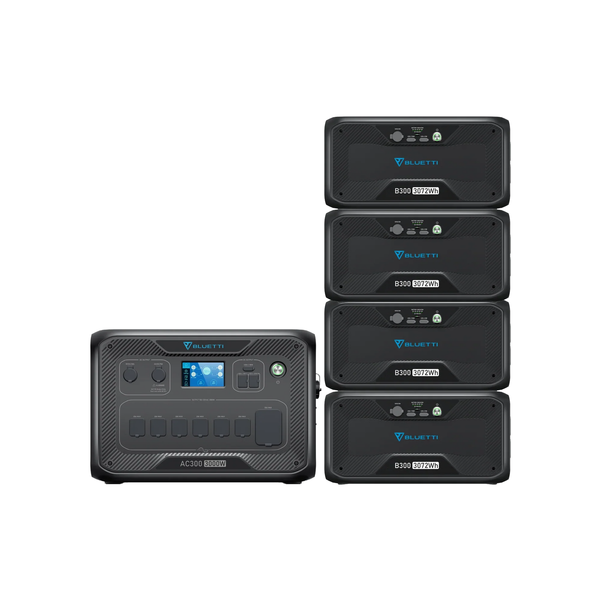 A Bluetti portable power station with digital display stands next to four connected Bluetti battery expansion packs, all showing the brand logo, featuring a 3000W Pure Sine Wave Inverter for reliable power delivery.