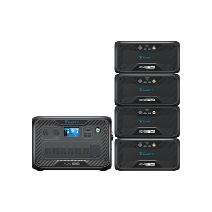 A Bluetti portable power station with digital display stands next to four connected Bluetti battery expansion packs, all showing the brand logo, featuring a 3000W Pure Sine Wave Inverter for reliable power delivery.