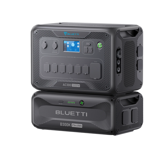 A Bluetti AC300 3000W portable power station with digital controls is stacked on a Bluetti B300K 3072Wh LiFePO₄ battery module. Both black units feature textured panels, visible ports, and advanced UPS protection.